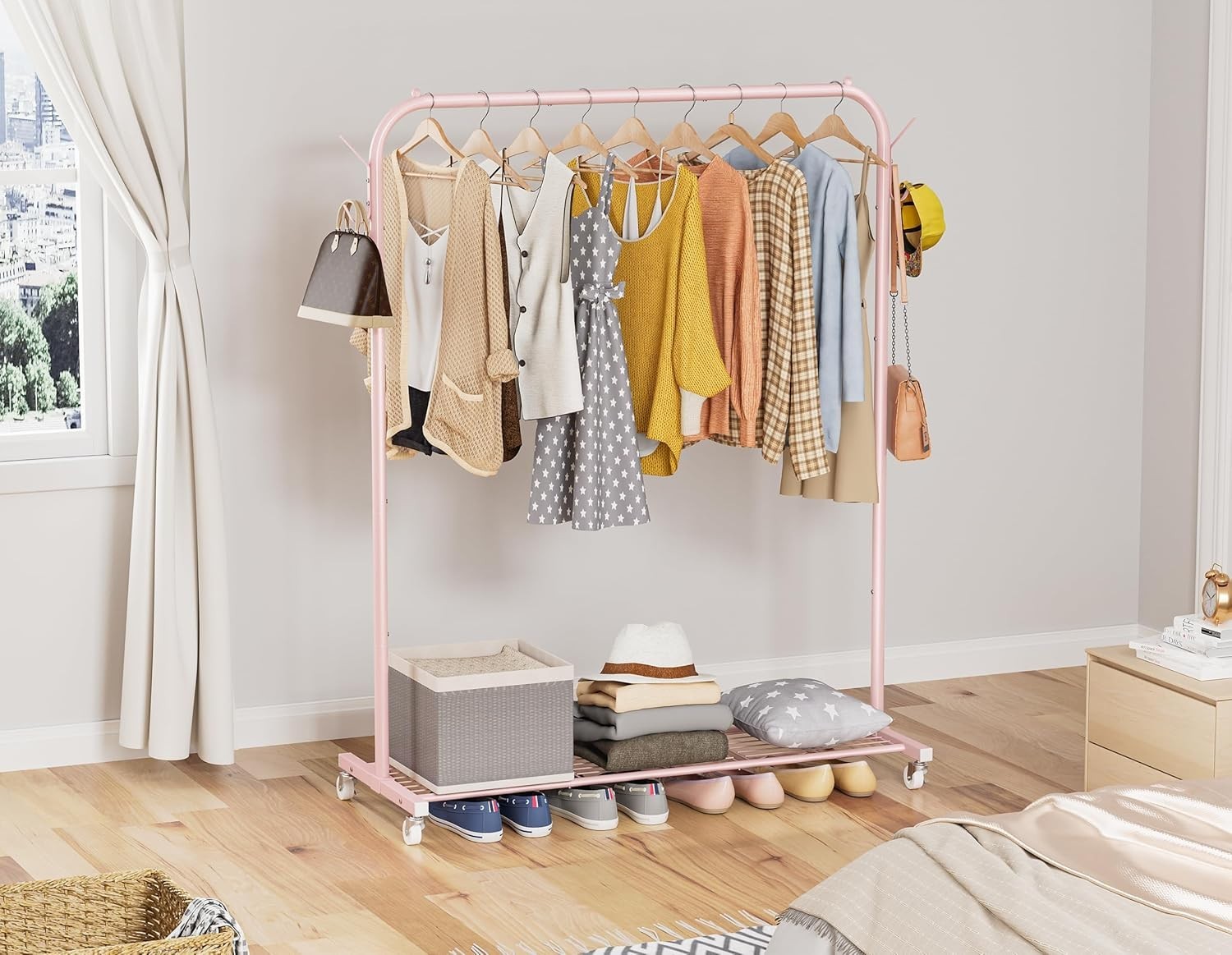 Portable Clothes Rail Pink 40KG Rack With Wheels Shelf & Hooks