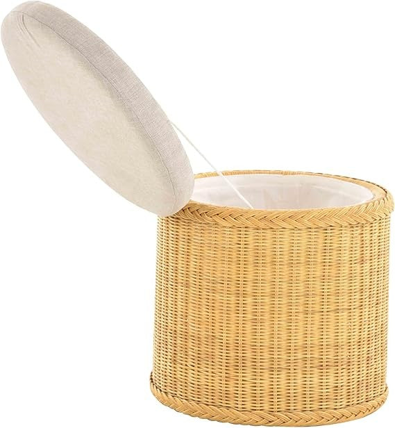 Round Rattan Laundry Basket Seat with Lid, 47×47×50cm Honey Storage Chest