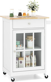 Kitchen Island on Wheels Storage Trolley with Glass Door Drawer Towel Rail
