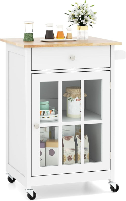 Kitchen Island on Wheels Storage Trolley with Glass Door Drawer Towel Rail