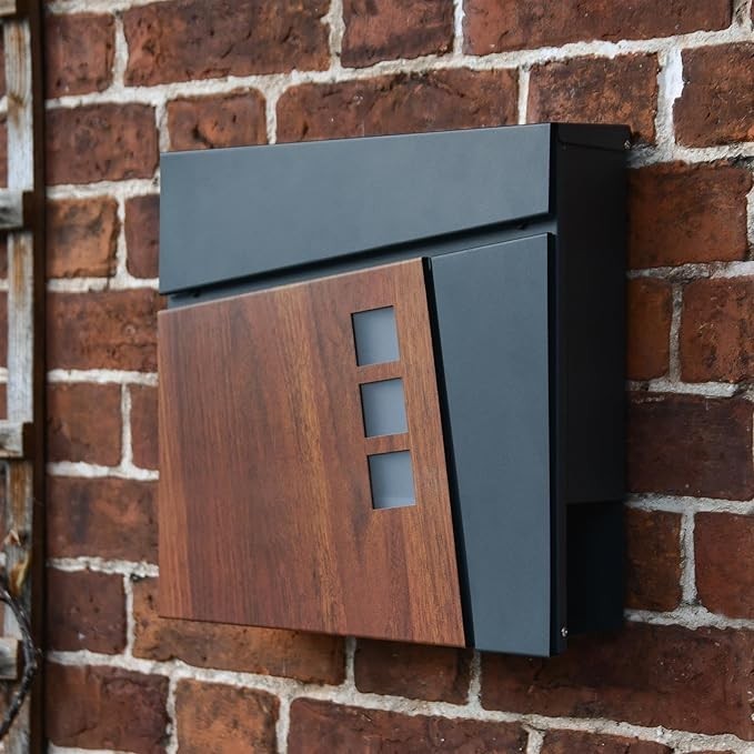 Modern Wall Mounted Post Box Grey Metal Lockable Secure Weatherproof Slim Design