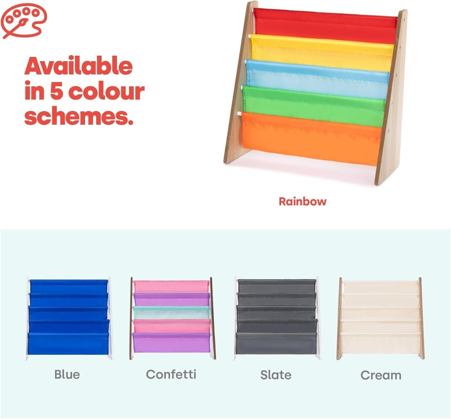 Kids Wooden Sling Book Rack – 4-Tier Colourful Fabric Bookshelf Storage