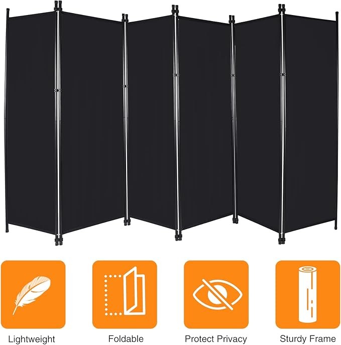 10FT 6-Panel Folding Room Divider Black Privacy Screen Partition Wall Office
