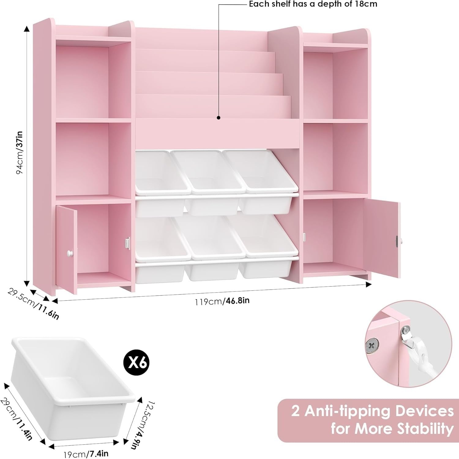 Large Kids Toy Storage Bookshelf with 6 Boxes & 4 Tier Shelves for Playroom Pink