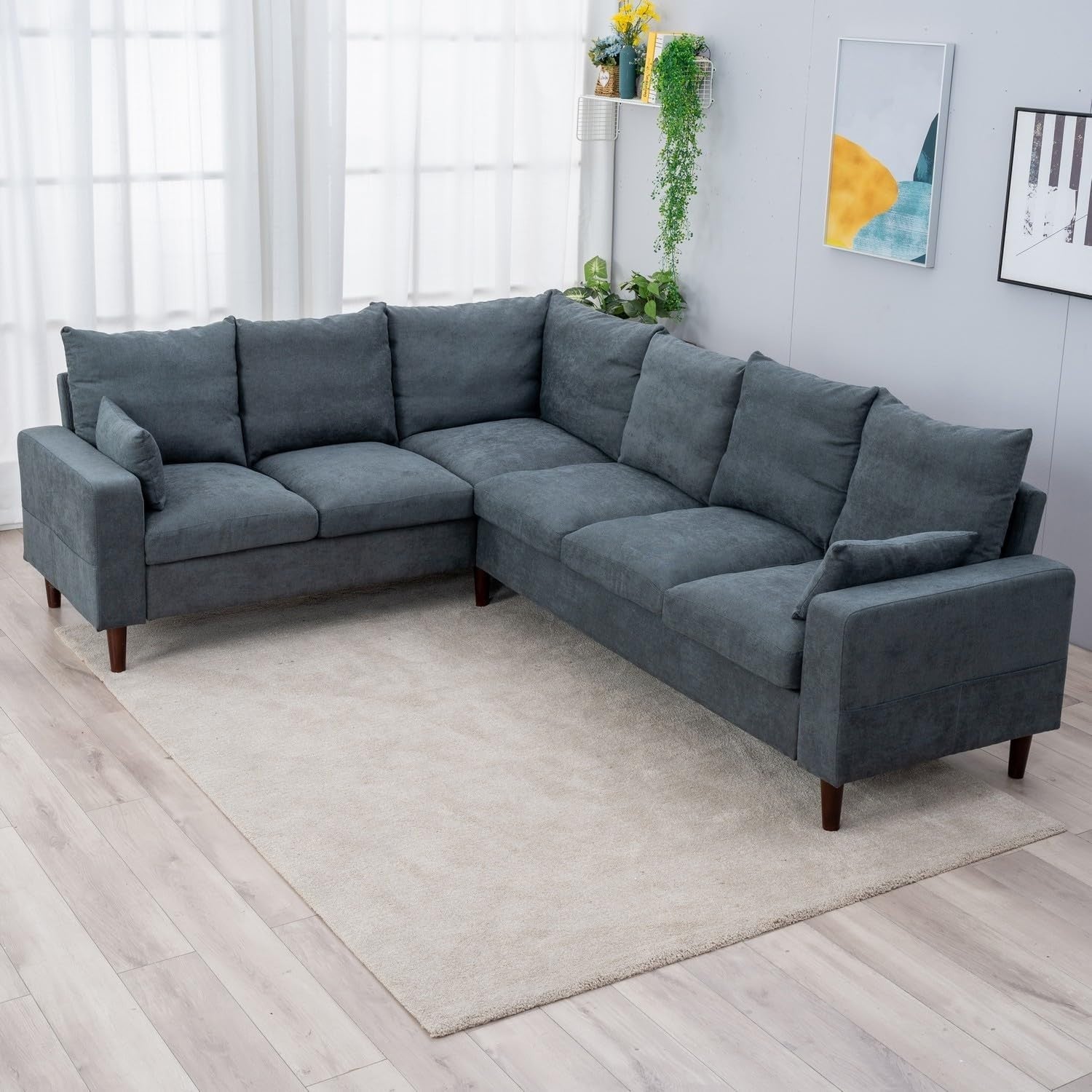 L Shape Grey Fabric Corner Sofa 6 Seater with Wood Legs Compact & Comfy