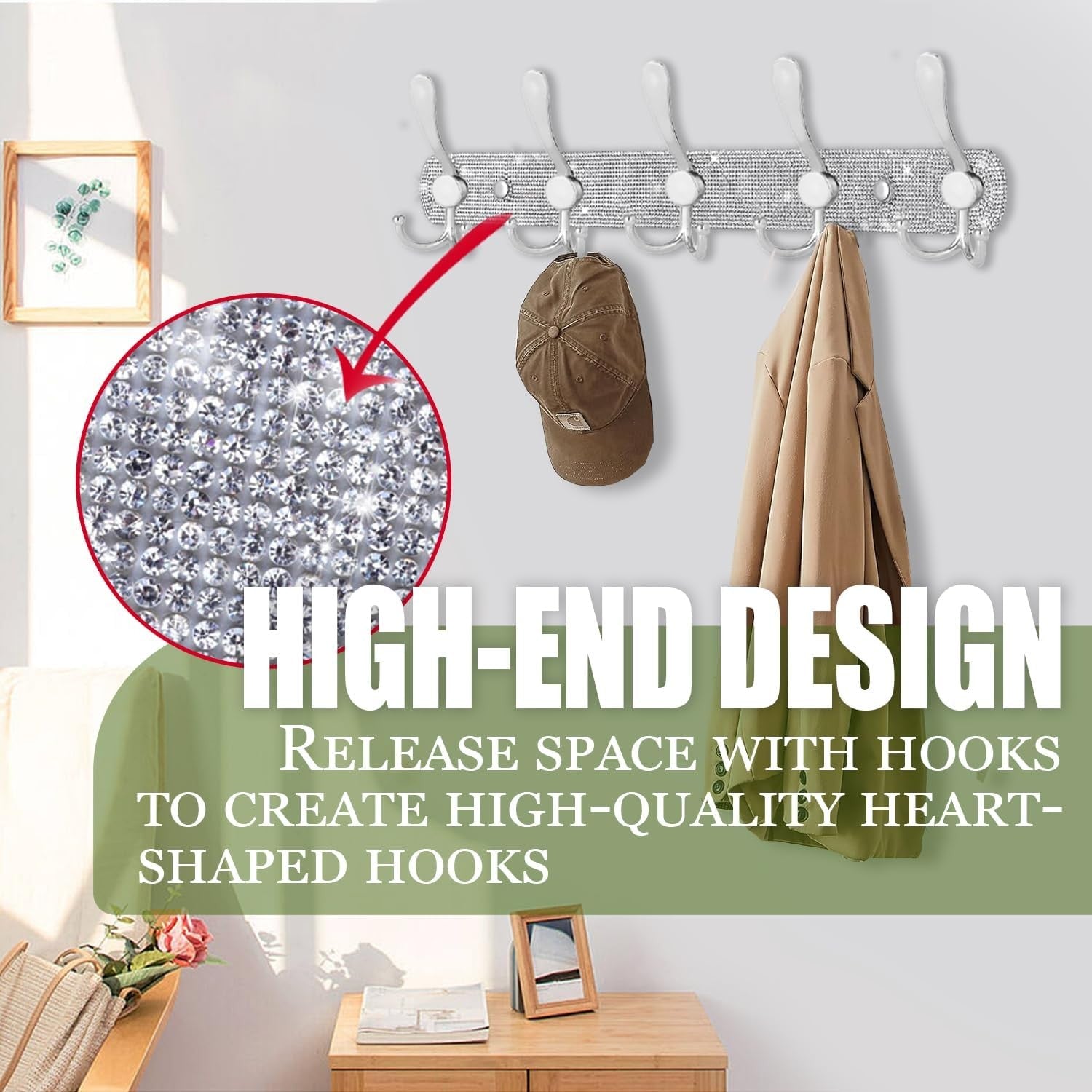 Luxury Wall Mounted Coat Rack Rhinestone Hooks 2Pack Heavy Duty Silver Hanger