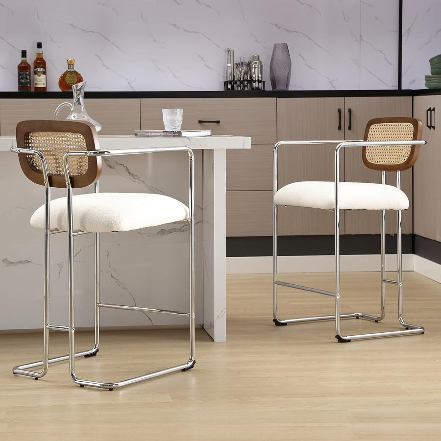 Bar Stools Set of 2 White Faux Fur Rattan Back Counter Chairs