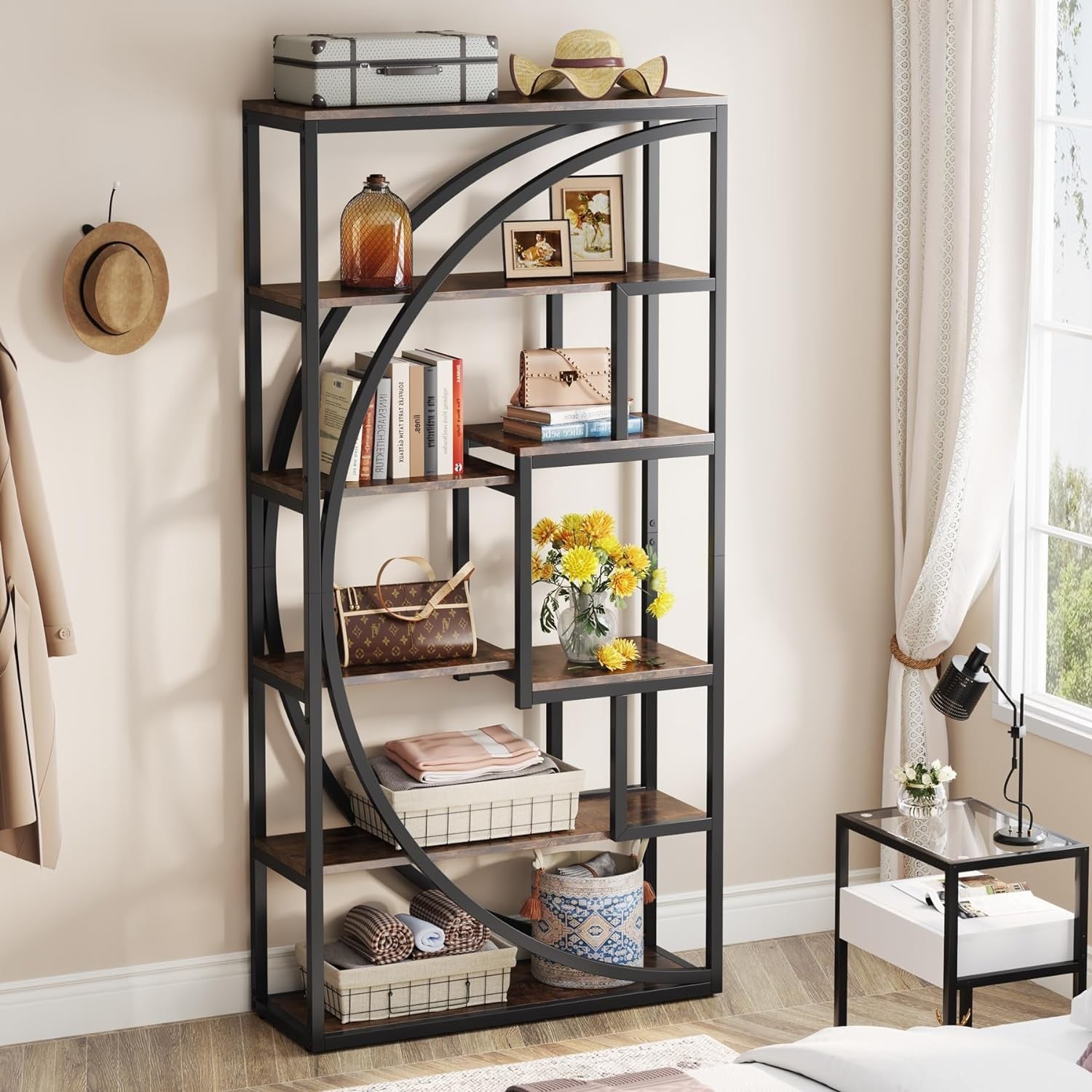Pair of Tall Industrial 5-Tier Bookshelves with 8 Open Shelves – Vintage Brown/B