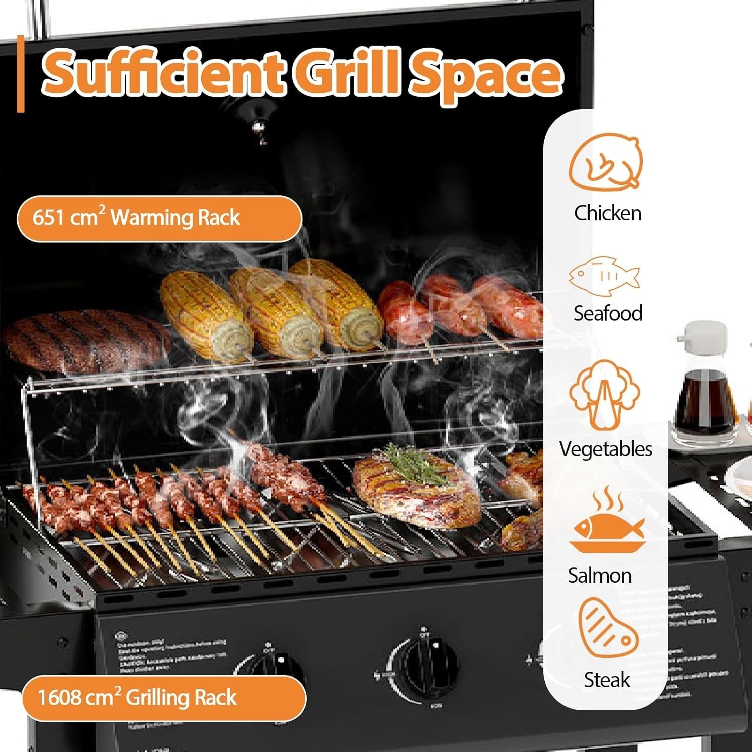 3 Burner Gas BBQ Grill with Lid, 49x106x98cm, Thermometer, Side Shelves & Wheels