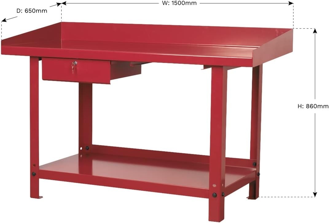 Steel Workbench 1.5m with Lockable Drawer 1000kg Capacity Heavy Duty Red