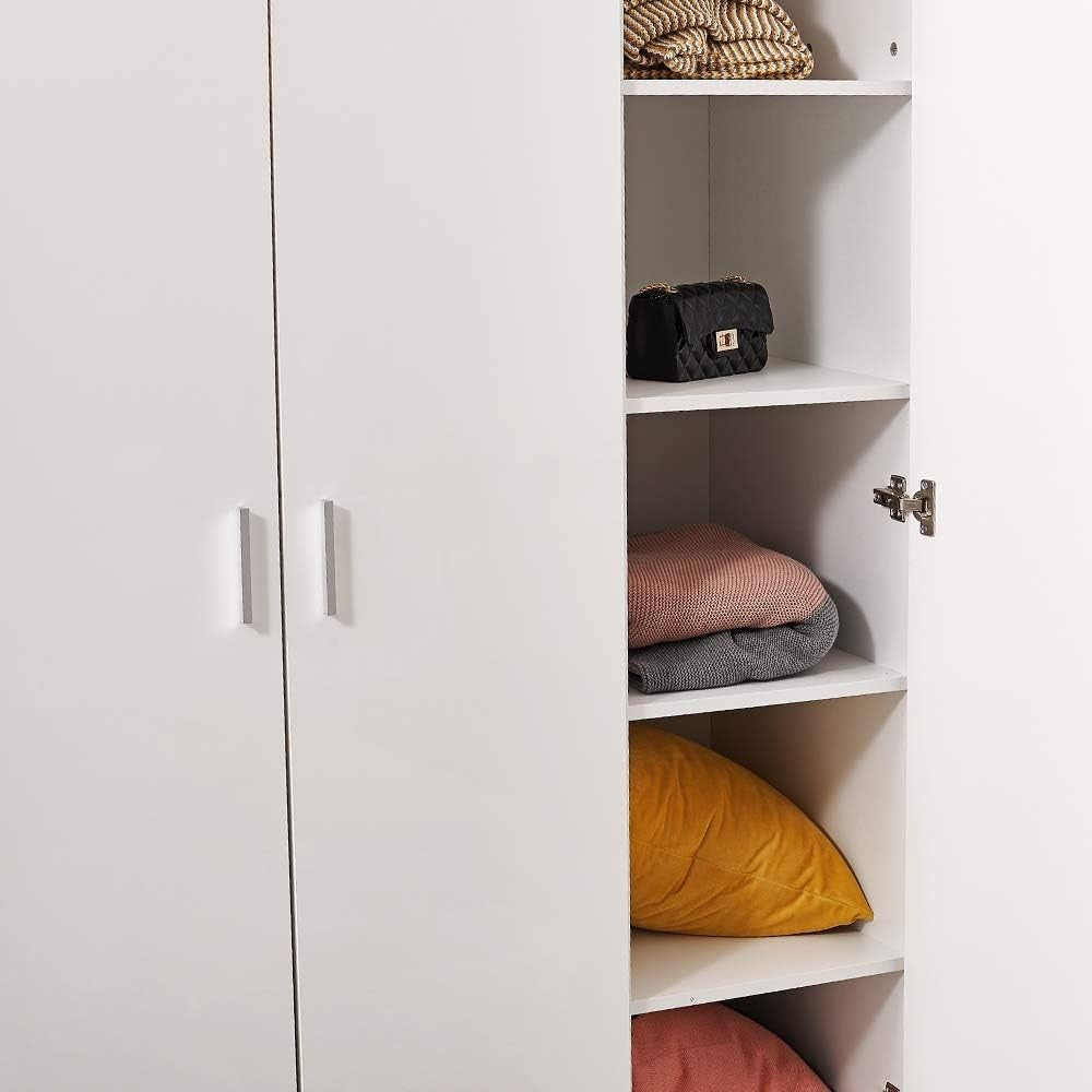 Modern 3 Door White Wardrobe with Hanging Rail & Foldable Storage Shelves