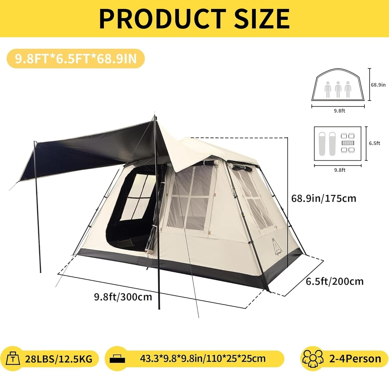 Beige/Black 2-4 Person Instant Cabin Family Camping Tent – Waterproof & Spacious