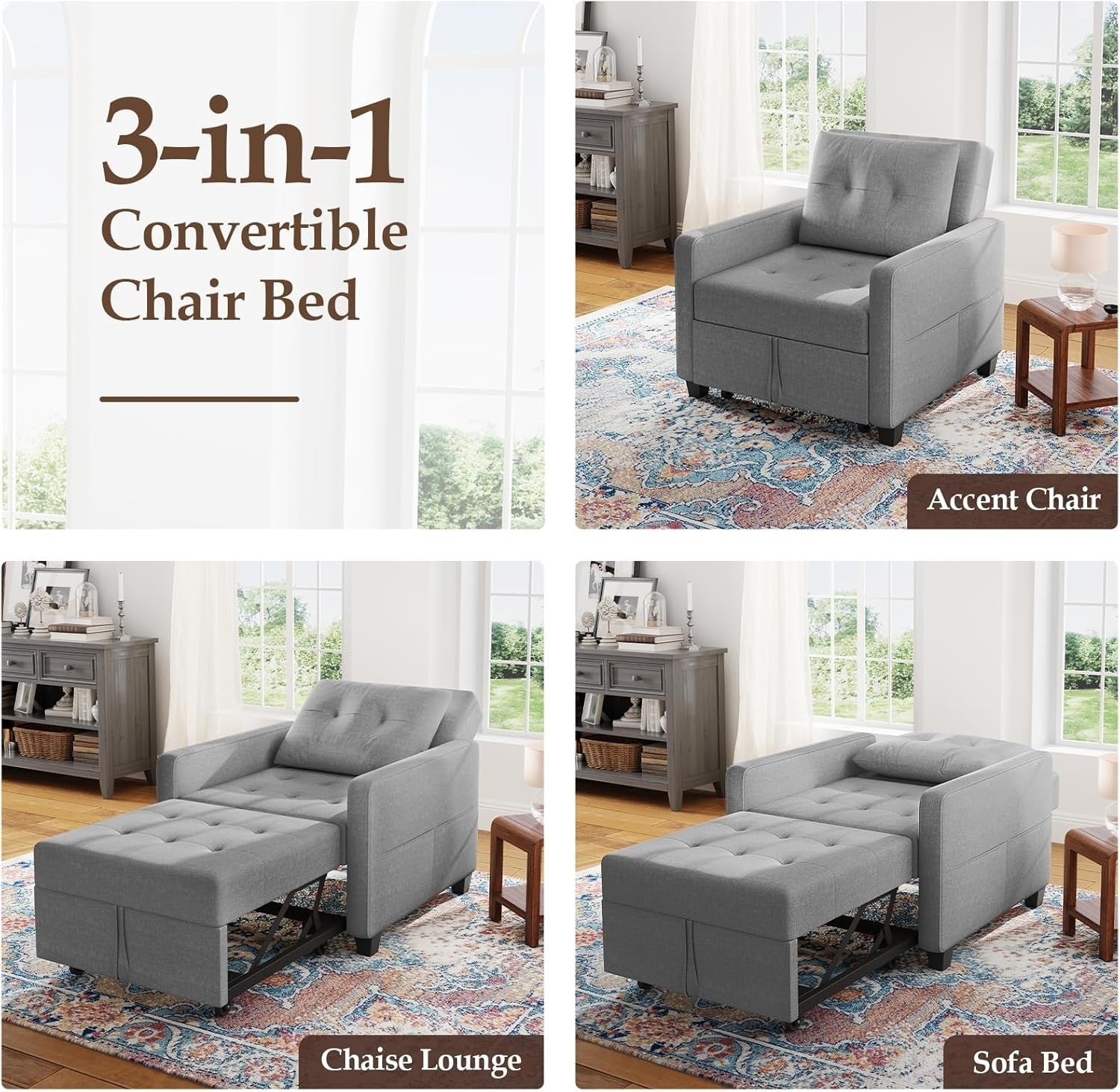 3-in-1 Sofa Bed Grey Single Chair Sleeper w/ Storage, Foldable & Adjustable