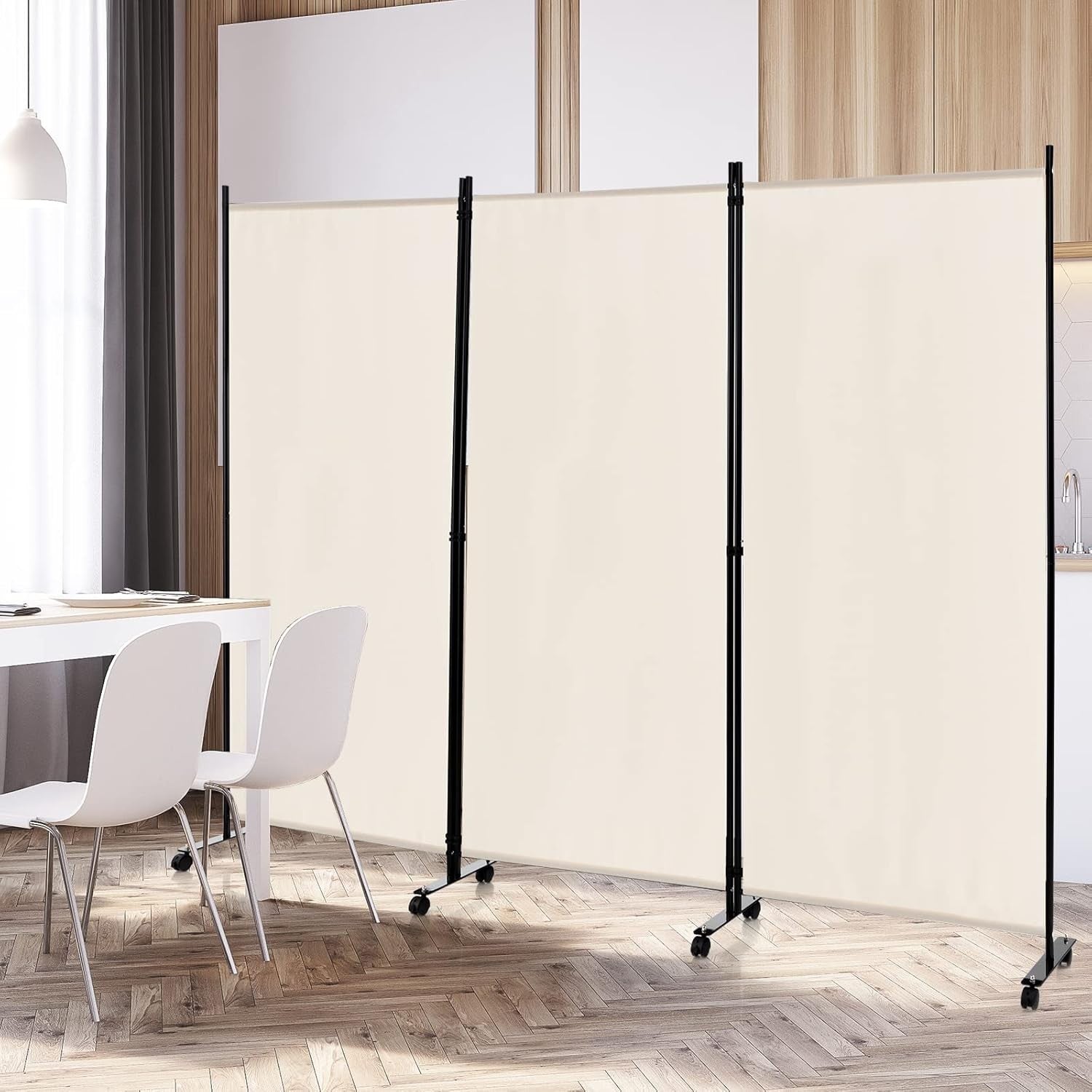 3 Panel Beige Folding Room Divider Privacy Screen on Wheels for Home Office