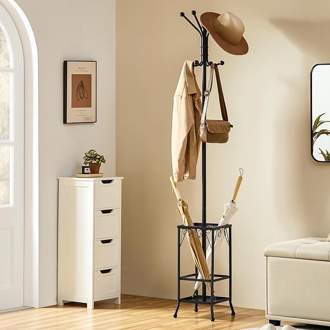 Black Metal Coat Rack Stand with Umbrella Holder 8 Hooks Hallway Organizer