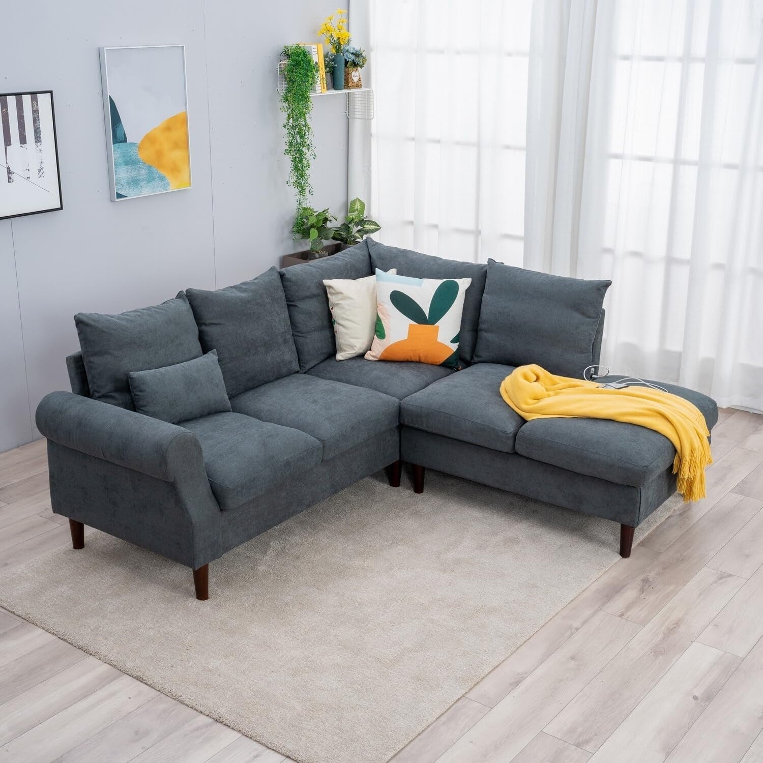 5 Seater Corner Sofa w/ Chaise & USB Port – Grey Linen, 200x195cm, Modern