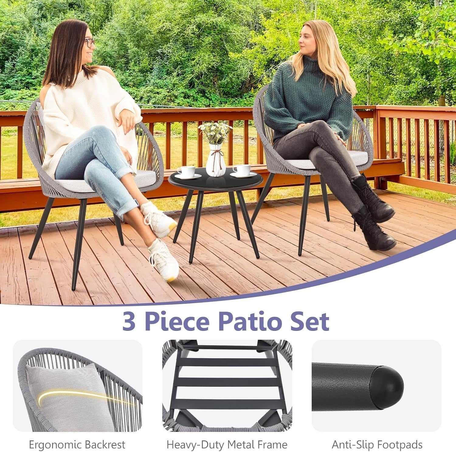 3pc Outdoor Rattan Bistro Set Chairs & Glass Table for Patio Garden