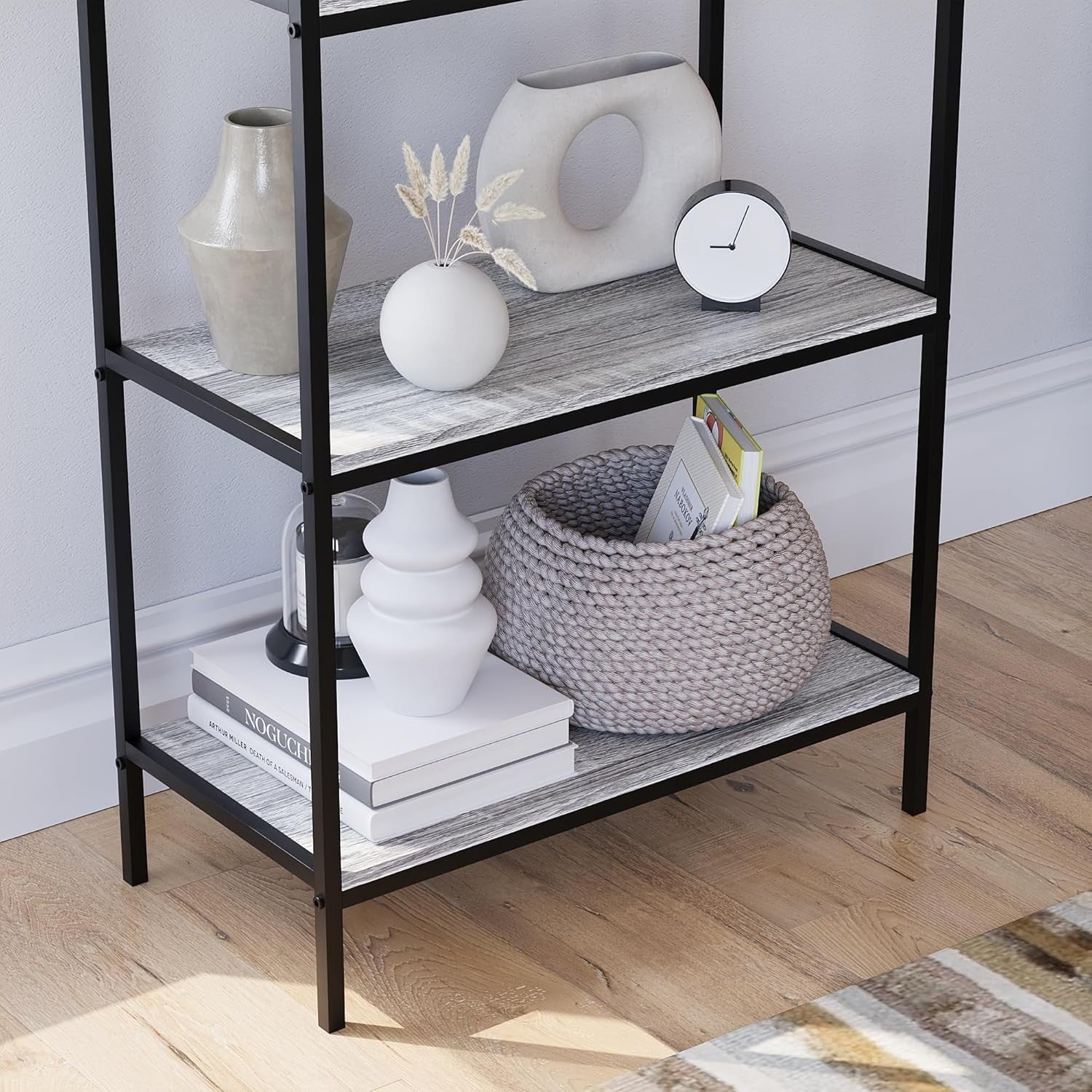5-Tier Industrial Bookcase Black Metal Frame Wooden Shelving Display Unit