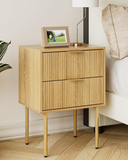 Modern Oak Bedside Table with 2 Drawers & Gold Legs | Wooden Nightstand