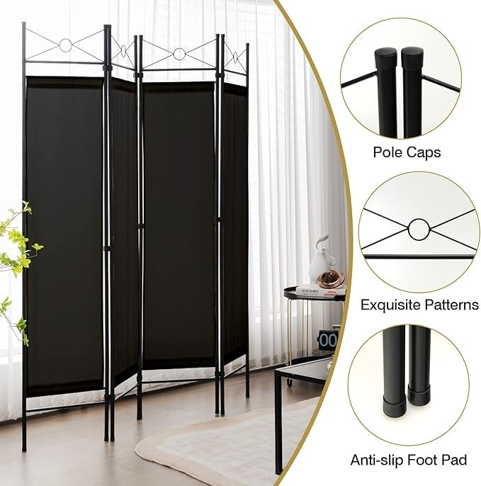 4 Panel Folding Room Divider – Black Privacy Screen with Steel Frame for Bedroom