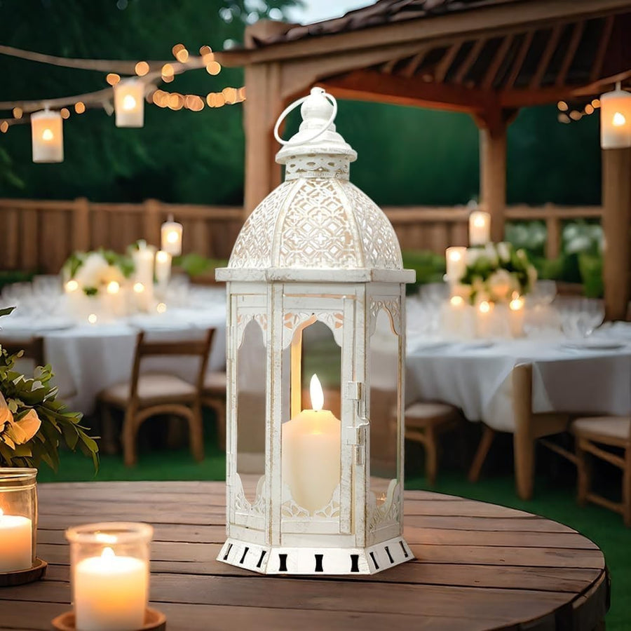 White Vintage Hanging Metal Candle Lantern Indoor Outdoor Decor