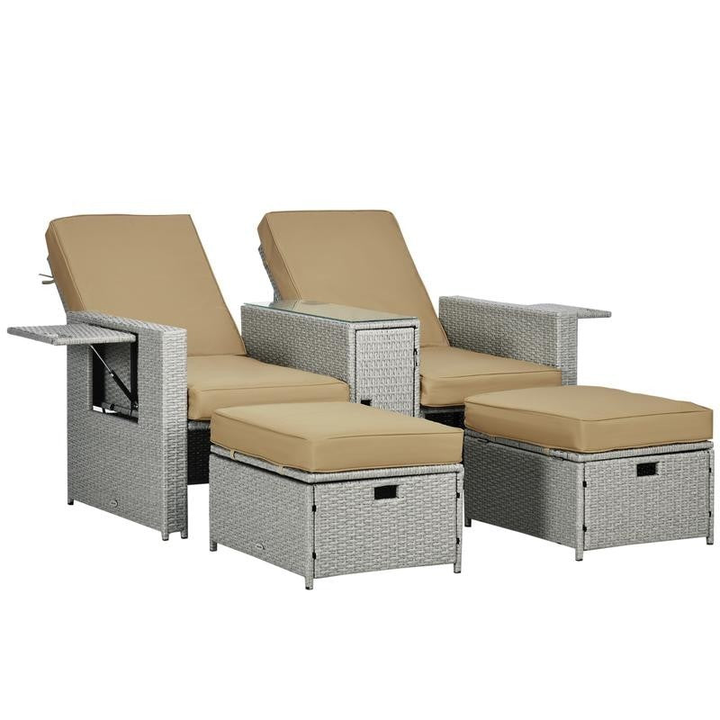 5PC PE Rattan Recliner Sofa Bed Set Lounger Footstools Side Table Patio