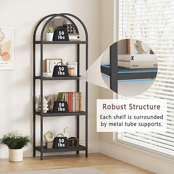 Tall Arched Bookshelf 4-Tier Industrial Metal Display Unit for Living Room