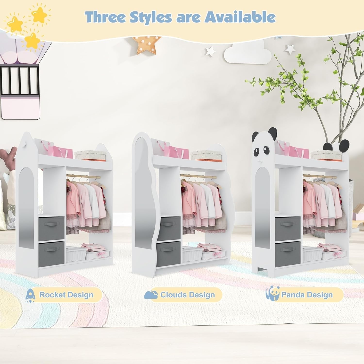 Kids Wardrobe with Mirror, Hanging Rail & 2 Drawers, White Rocket Design