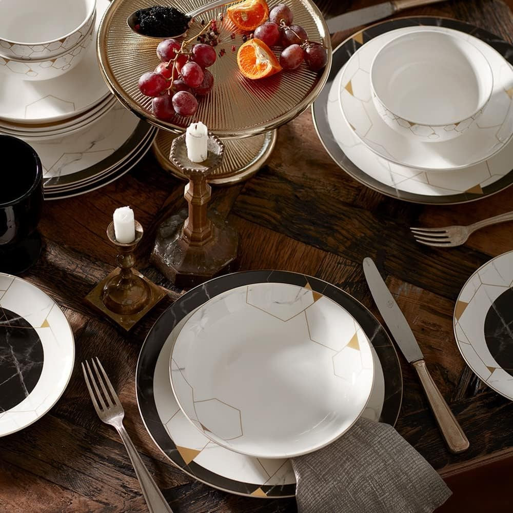 24pc Bone China Dinnerware Set Black White Gold Marble Luxury Plates