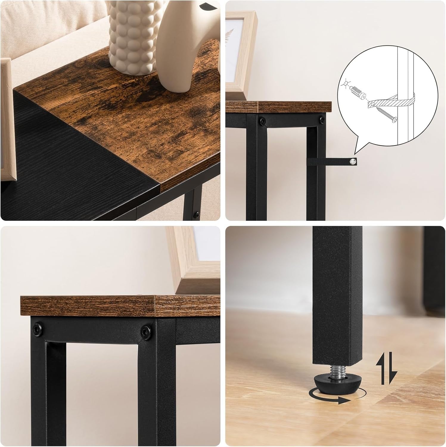Slim Console Table with Charging Station | Power Outlet | Rustic Brown & Black