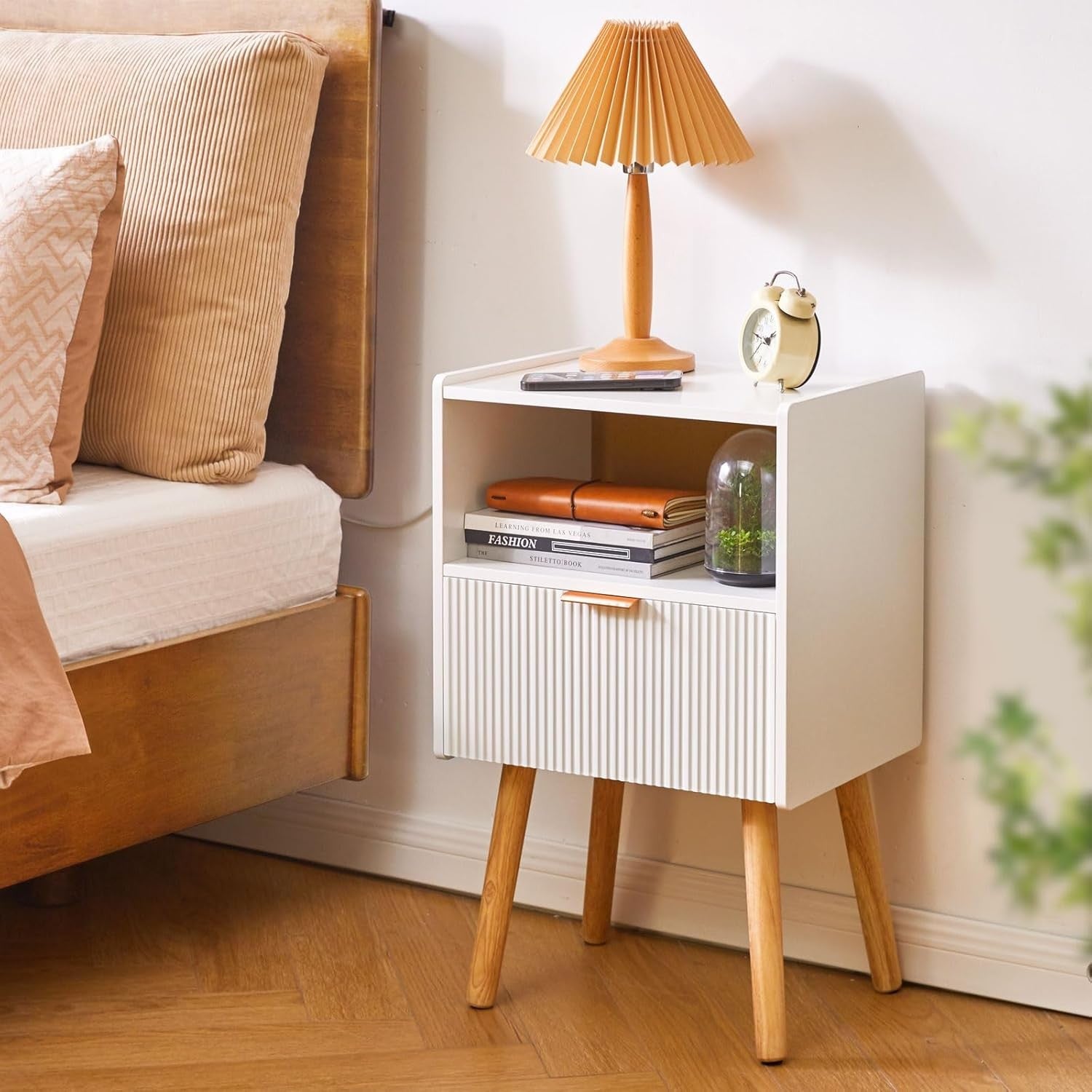 White Bedside Table with Drawer & Open Shelf – Modern 2-Tier Nightstand with Woo