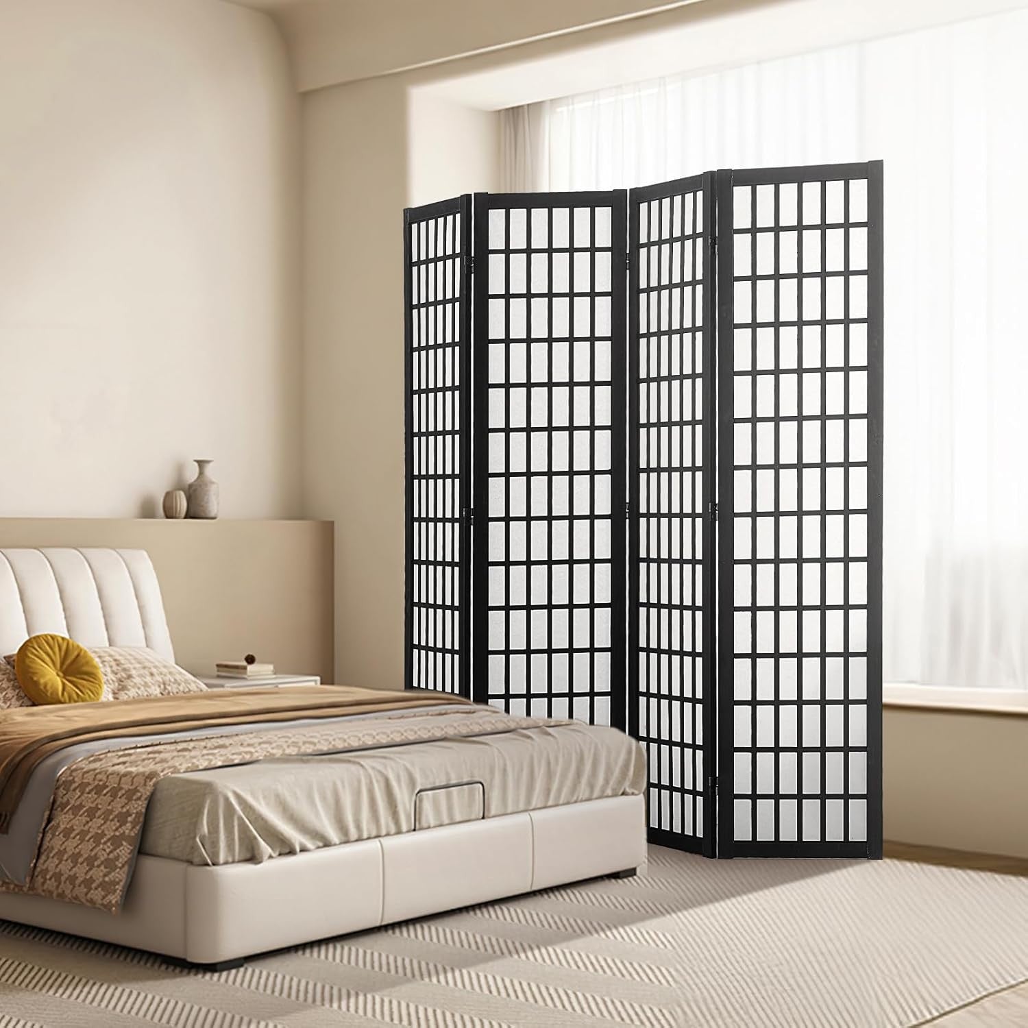 4 Panel Japanese Folding Room Divider Black Wood Privacy Screen 162x170cm