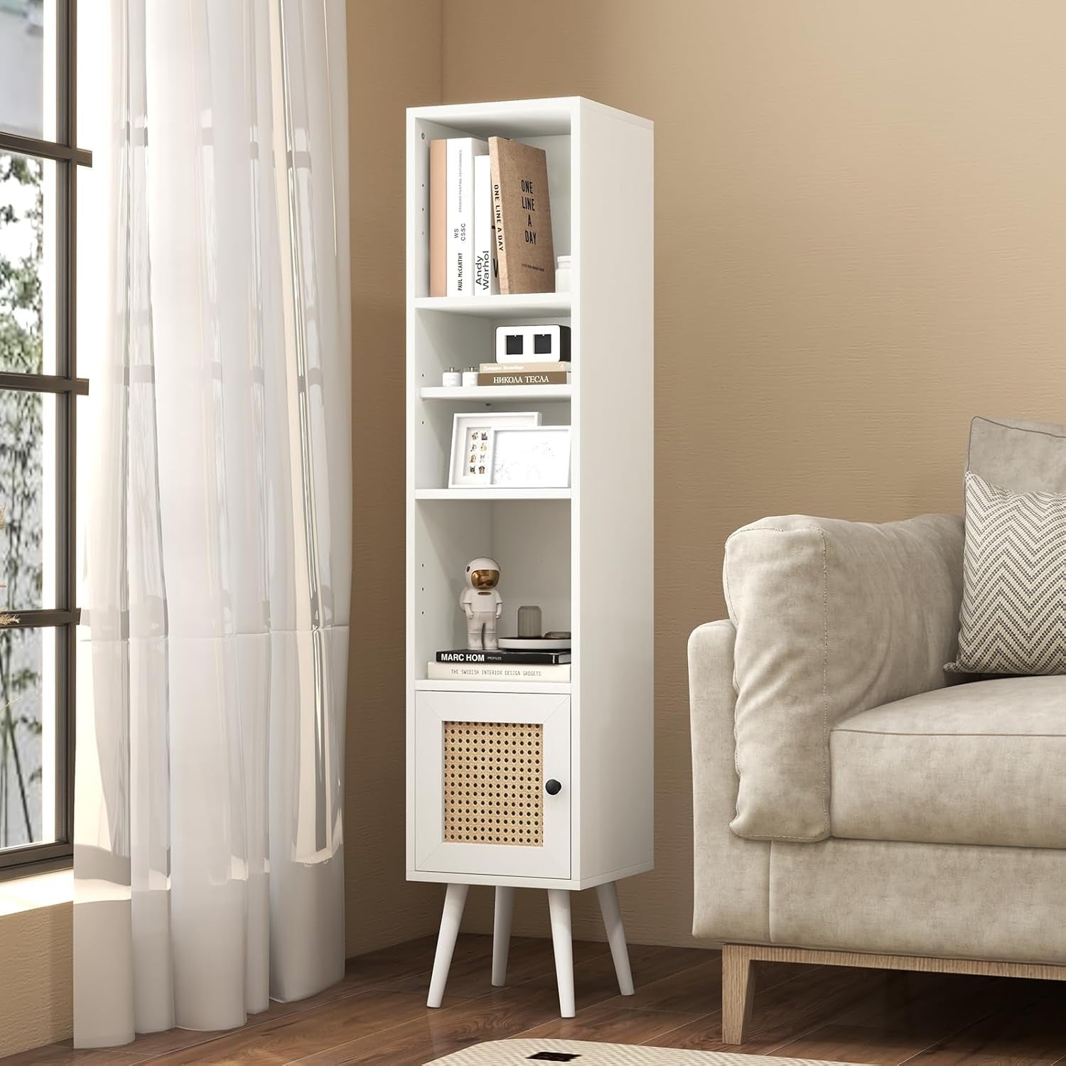 Slim Tall White Bookcase with Cabinet 6-Tier Adjustable Shelves Modern Storage