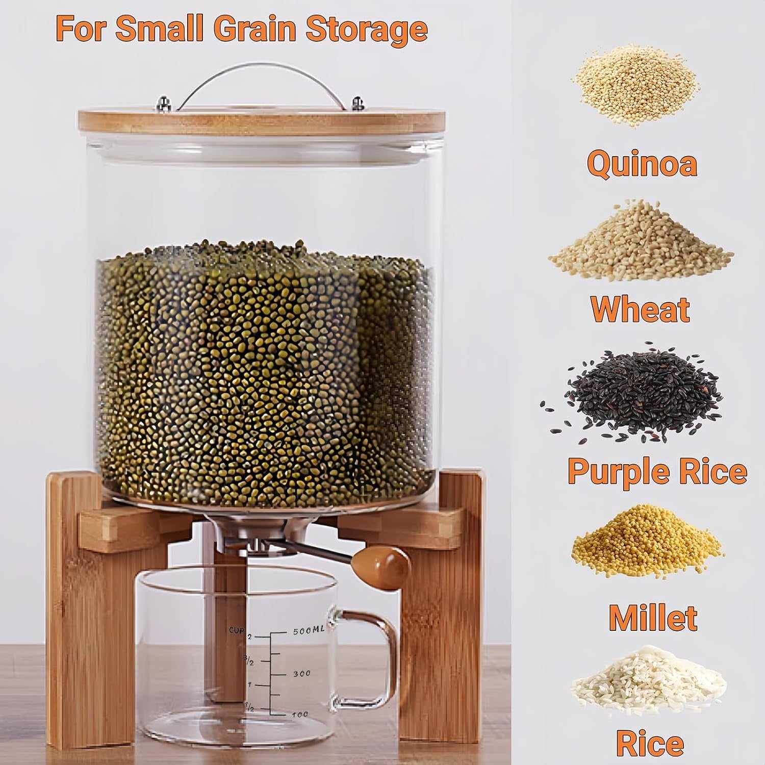 5L Glass Rice Dispenser Airtight Bamboo Stand w Measuring Cup