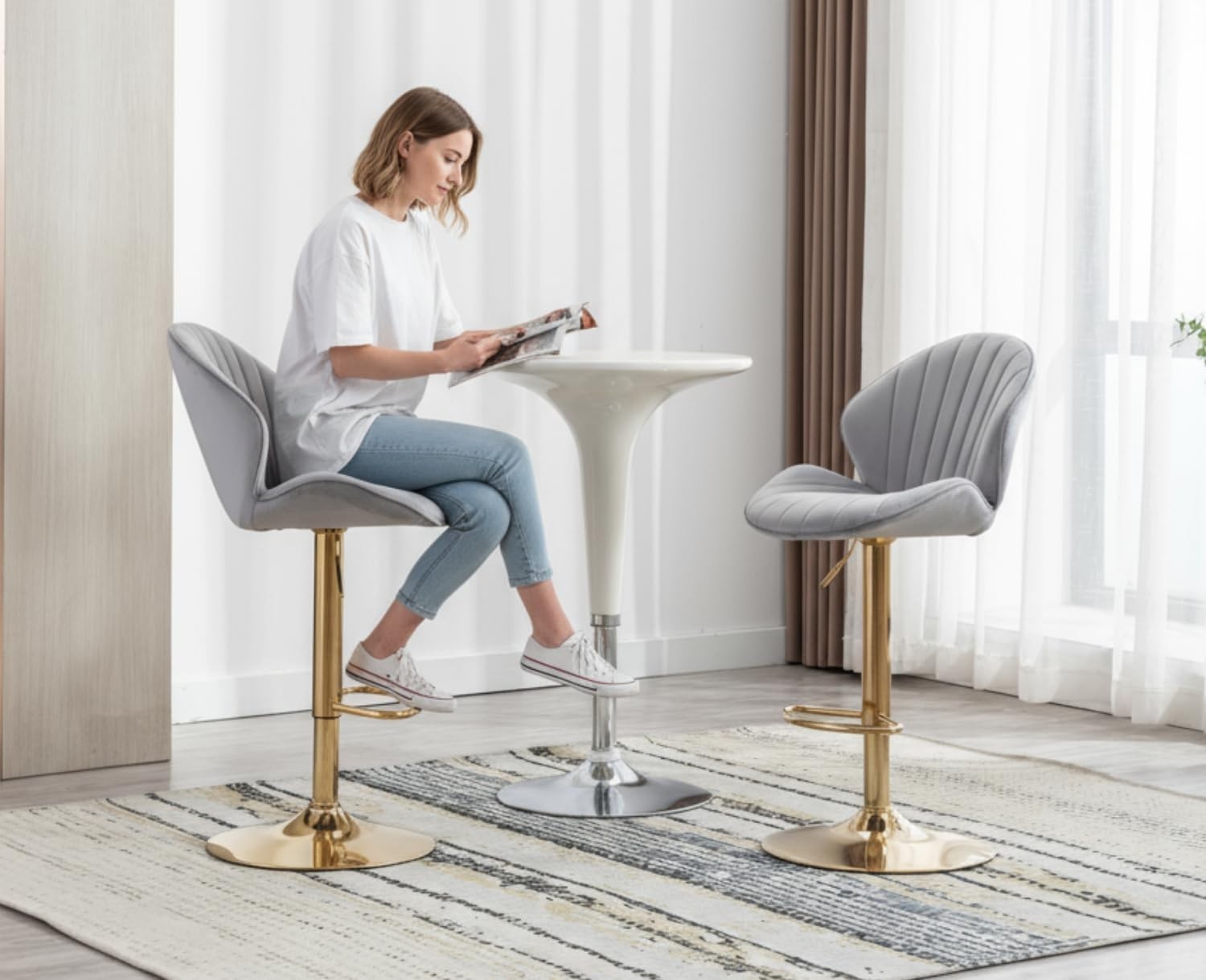 Gray Velvet Swivel Bar Stools Set of 2 Adjustable Kitchen Counter Chairs