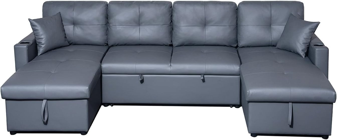 Grey U-Shaped 4 Seater Sofa Bed with Storage & Pull-Out Bed, Modern Design
