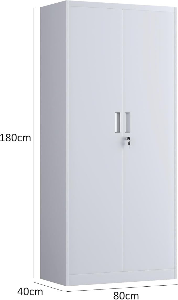 Tall White Metal Storage Cabinet with Lockable Doors & 4 Adjustable Shelves