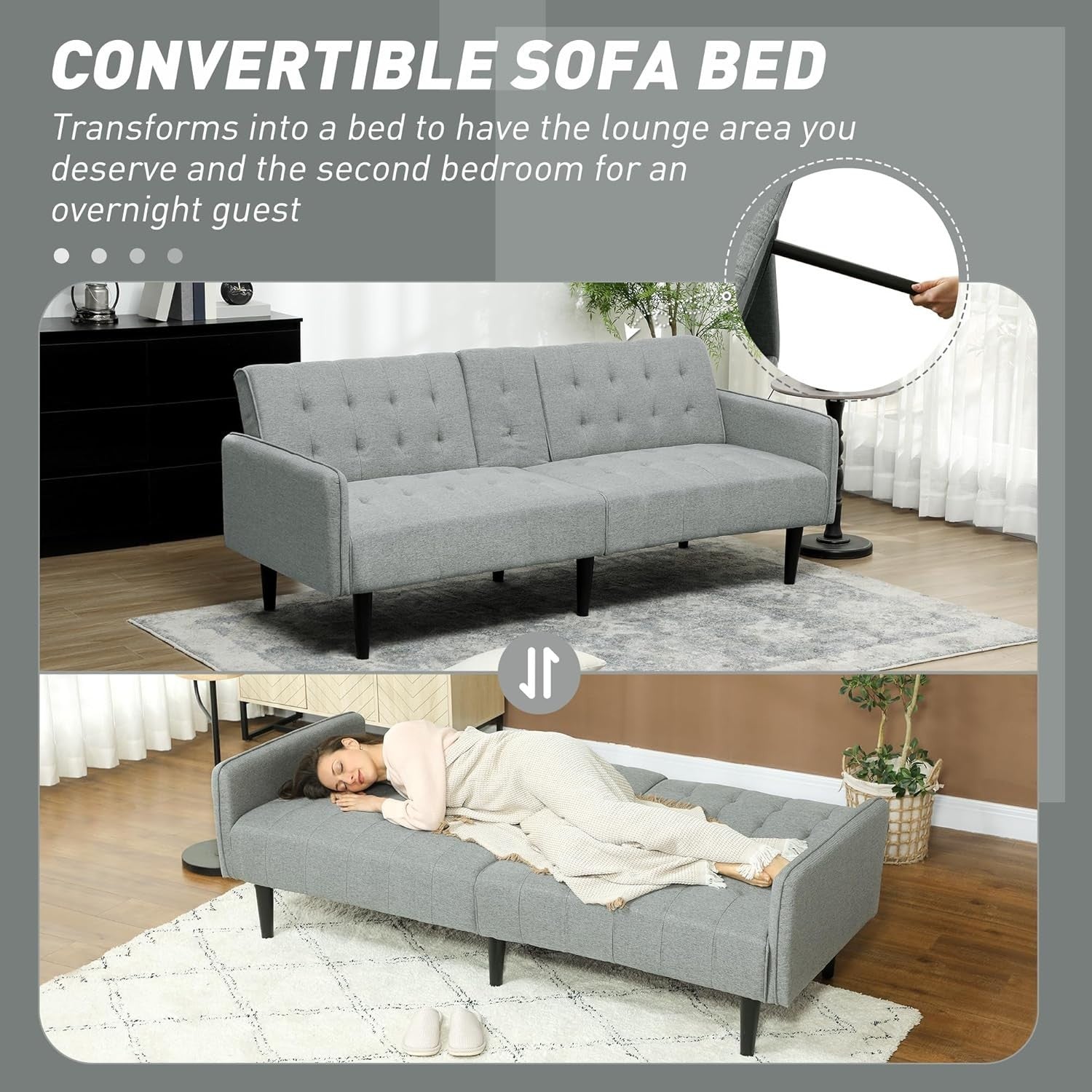 Click Clack Sofa Bed 3 Seater Light Grey Linen Couch w/ Cup Holders