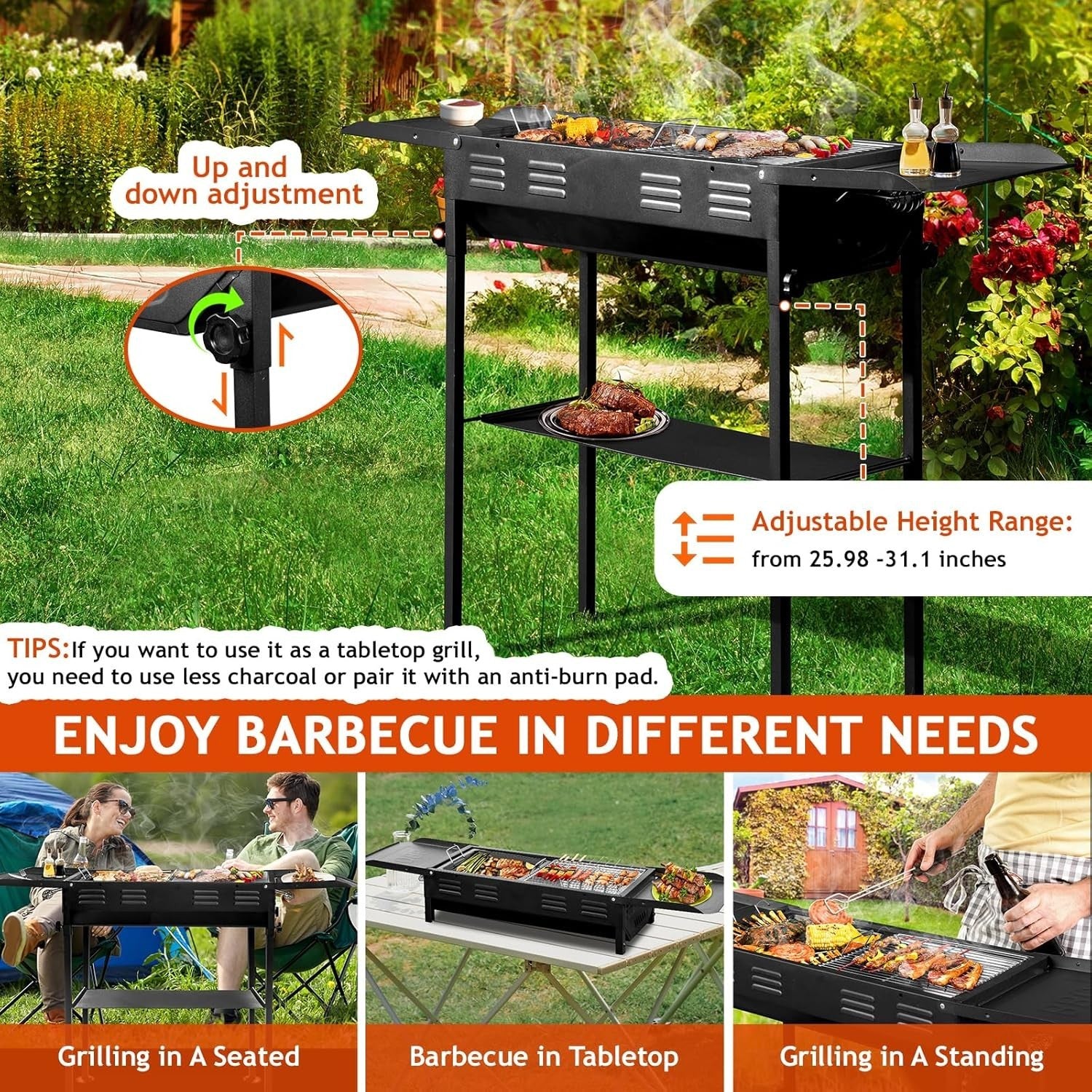 Portable Charcoal BBQ Grill with Height Adjustment, Kebab Slots & Carry Bag