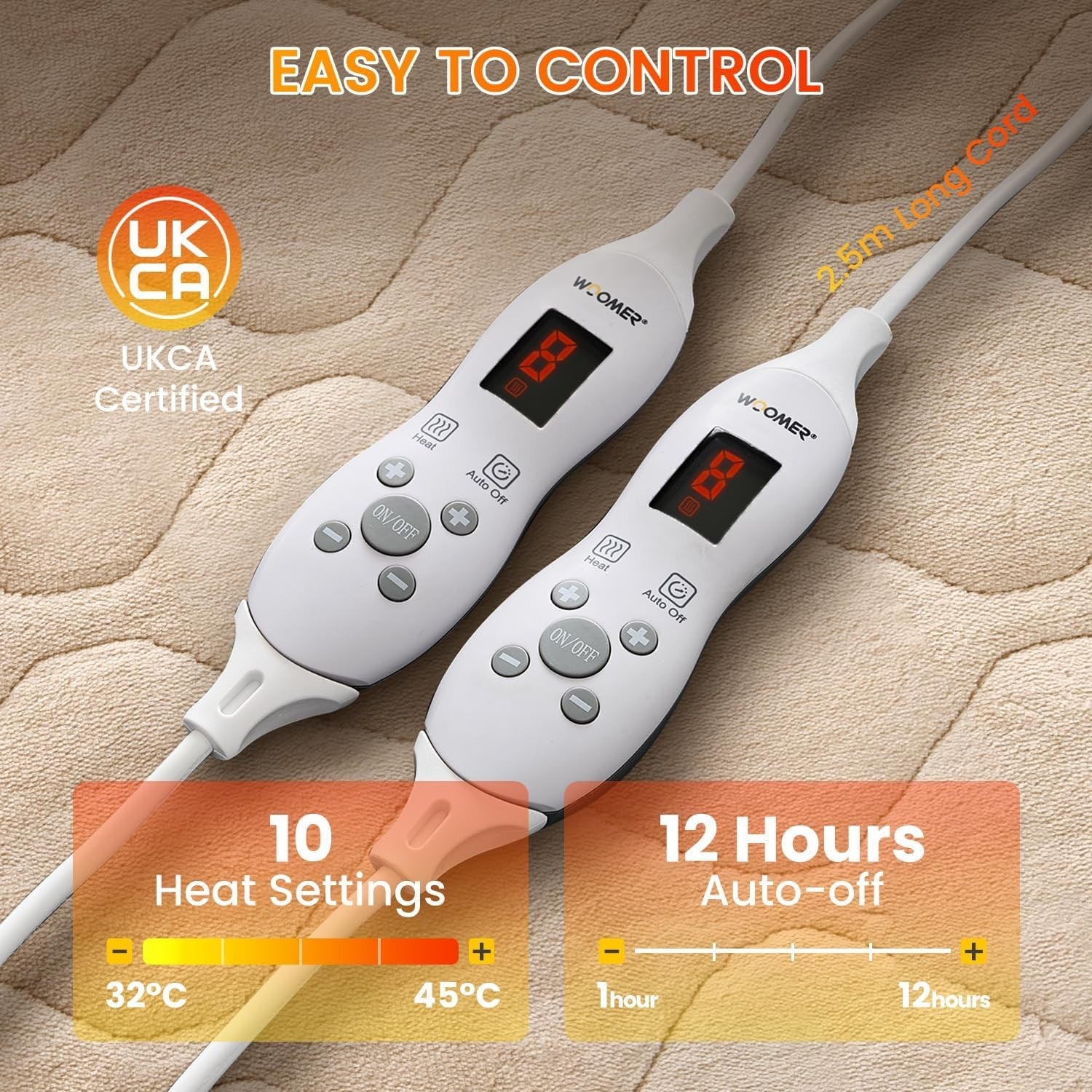 Electric Heated Underblanket Double 150x200cm Dual Control 10 Heat Light Brown