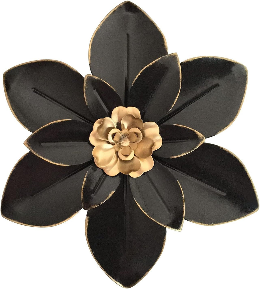 Metal Flower Wall Art 10in Rustic Black Gold Floral Decor