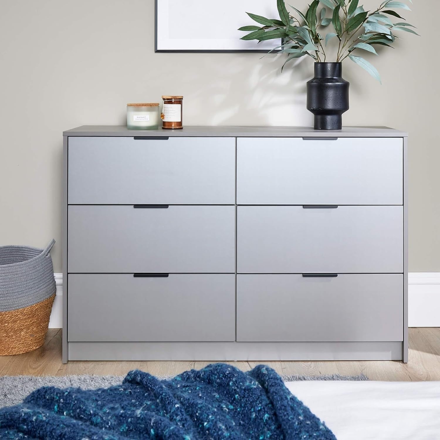 Grey 6 Drawer Chest Bedroom Storage Cabinet Wide Modern Clothes Unit