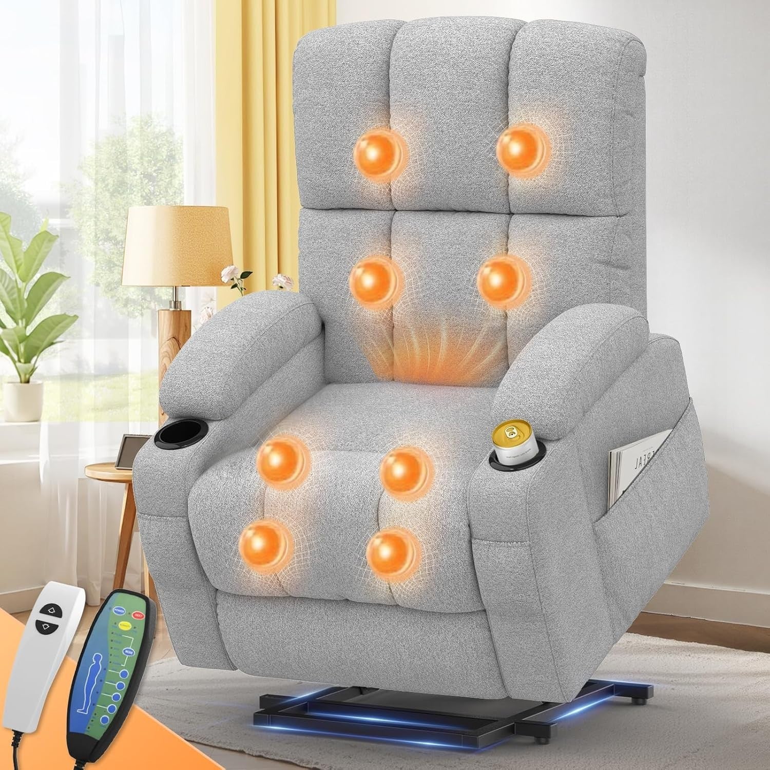Light Grey Lift Recliner Chair Elderly Massage Heat USB Cup Holders Footrest