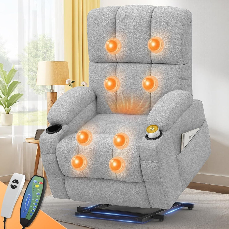 Light Grey Lift Recliner Chair Elderly Massage Heat USB Cup Holders Footrest