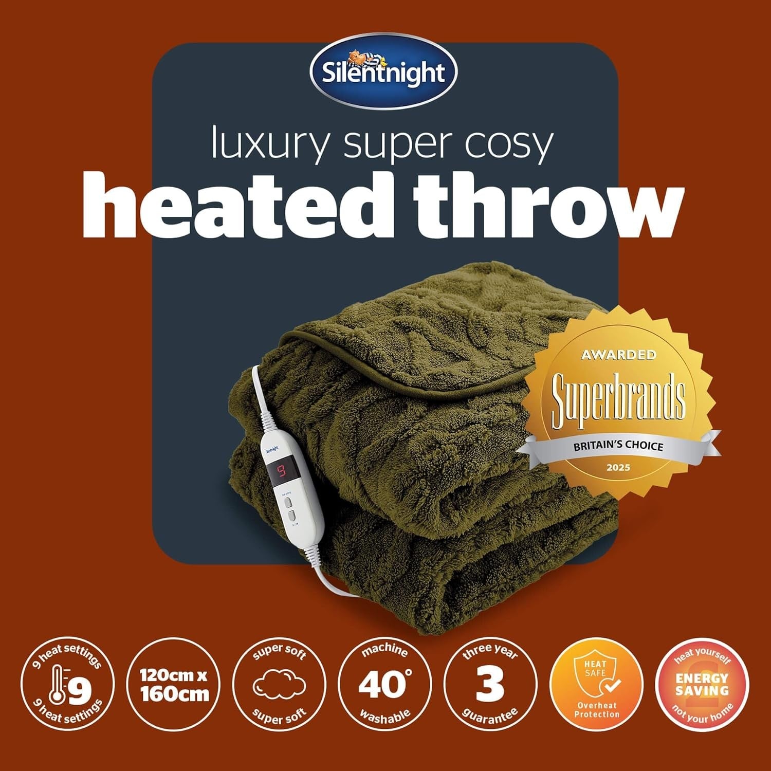 Electric Heated Throw Blanket 120x160cm Olive Green Fleece 9 Heat Timer