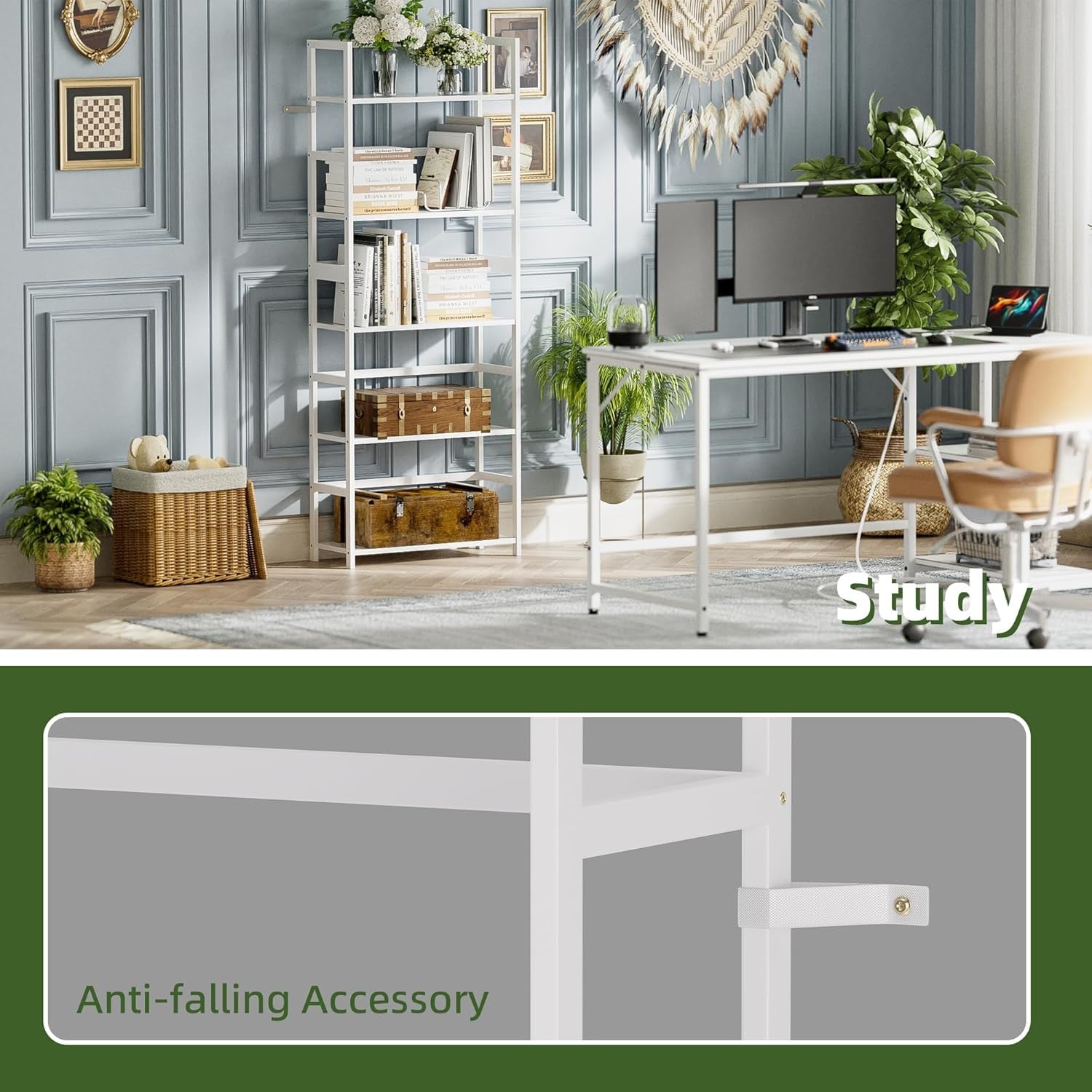 White 5-Tier Industrial Bookshelf, Tall Bamboo Frame Display Storage Unit