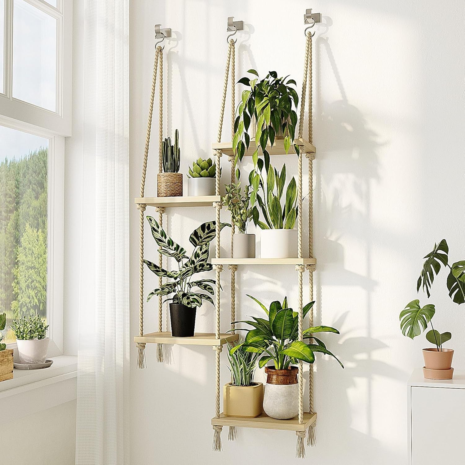 5-Tier Boho Hanging Window Plant Shelf Wooden Indoor Decor