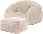 Corded Bean Bag Chair & Footstool - Comfortable, Durable, Versatile - Stone