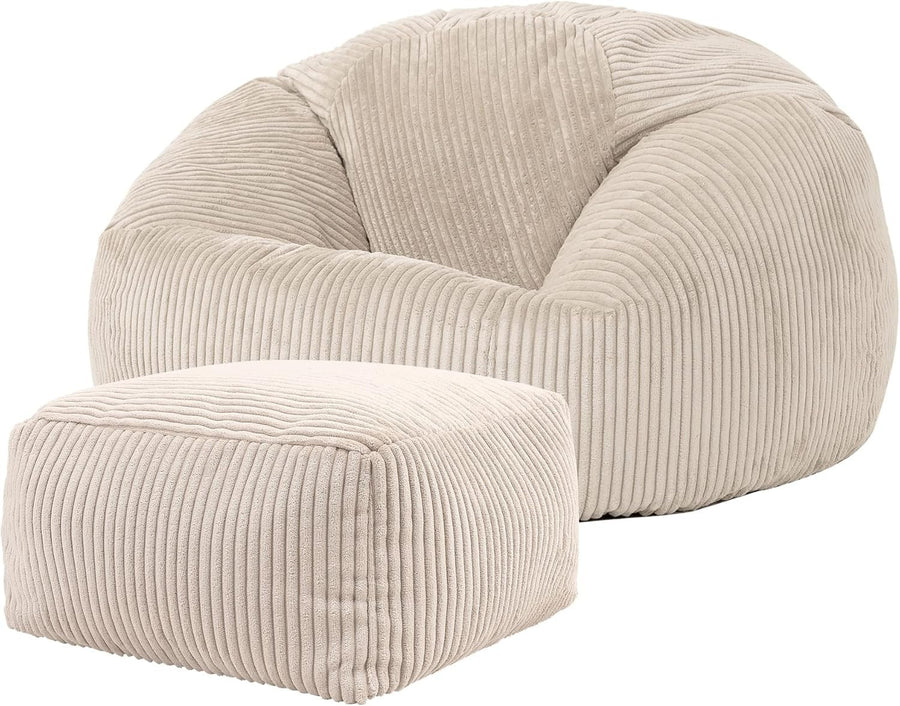 Corded Bean Bag Chair & Footstool - Comfortable, Durable, Versatile - Stone