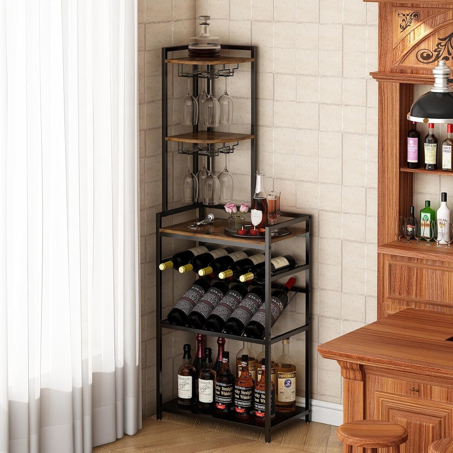 Corner Wine Rack Freestanding Bar Cabinet 6-Tier Bottle & Glass Holder
